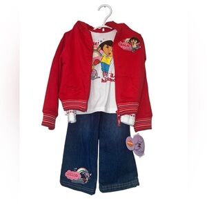 Vintage Y2K Dora The Explorer 3pc Outfit Jeans Top Hoodie 4T 2007 Nick Jr NWT